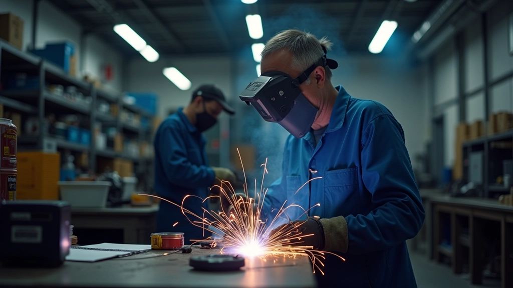 Welding technician working in modern fabrication shop with organized supplies