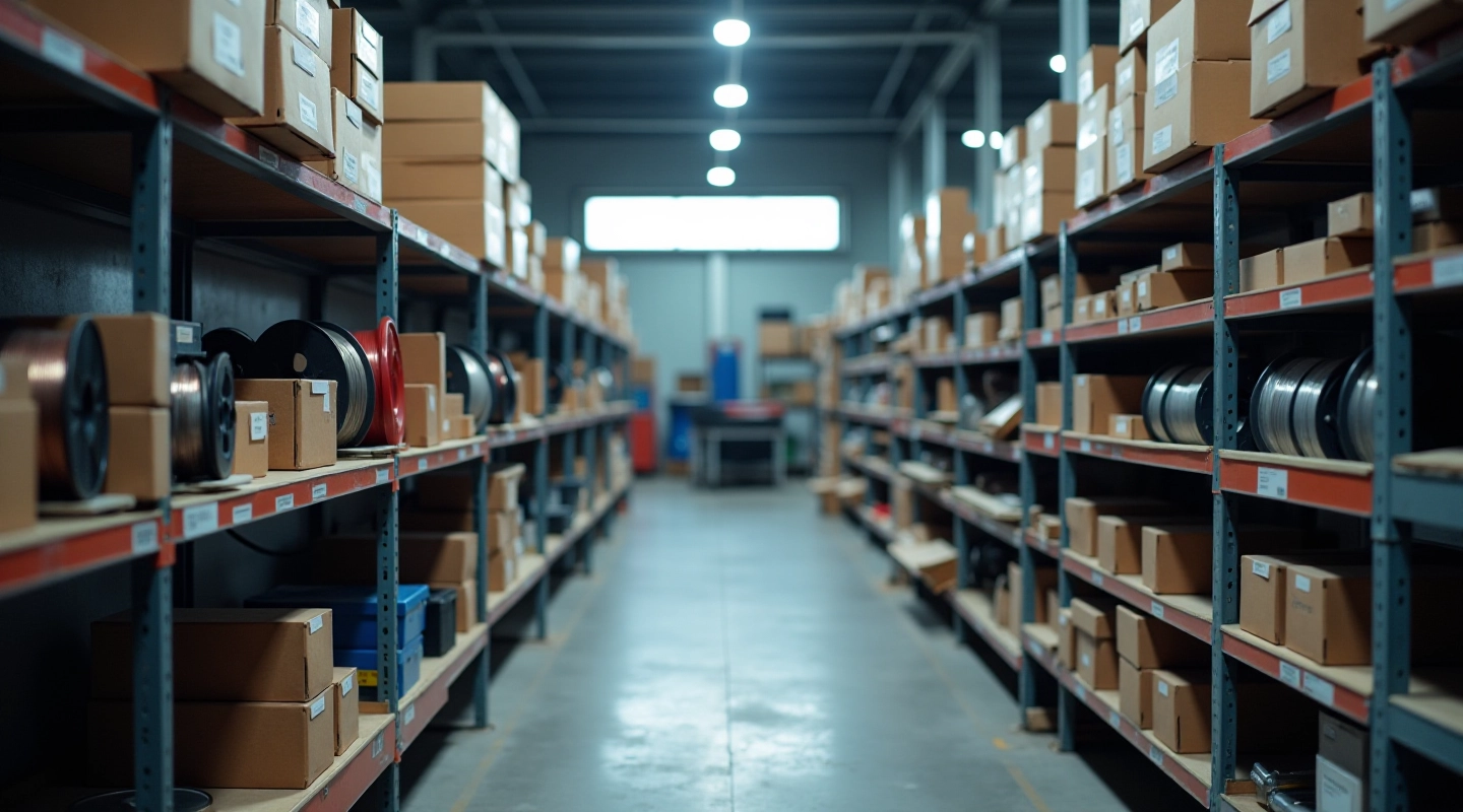 Professional welding equipment and consumables arranged on workshop shelf