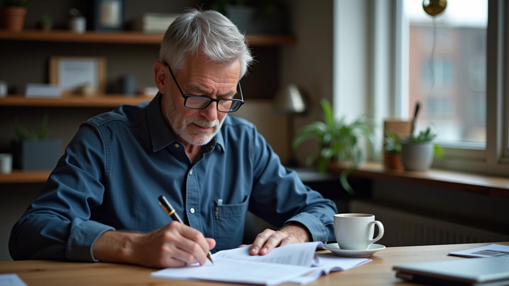 Metalwork shop owner reviewing invoice and purchase order documents at desk with coffee