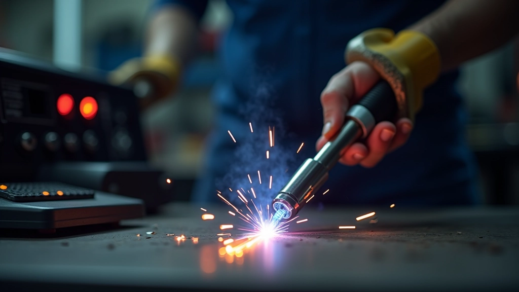 TIG welding torch with tungsten electrode and foot pedal controller in precision fabrication setup