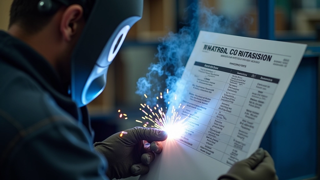 Welder examining material composition chart showing different alloy specifications for MIG wire selection