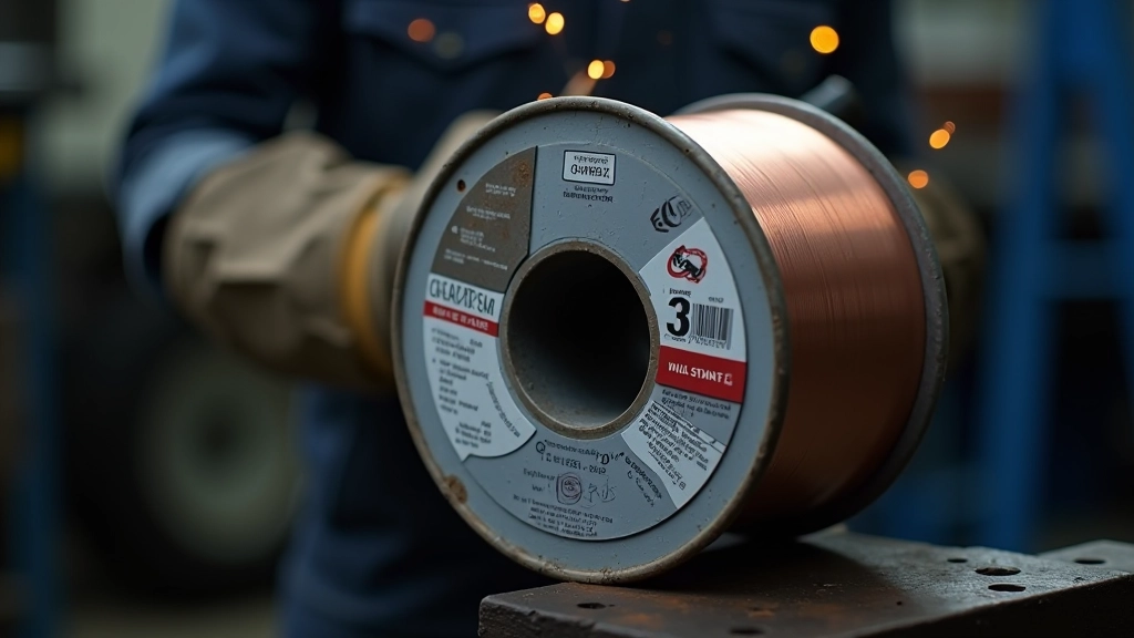 Close-up detail of MIG wire specifications showing diameter markings and material composition labels
